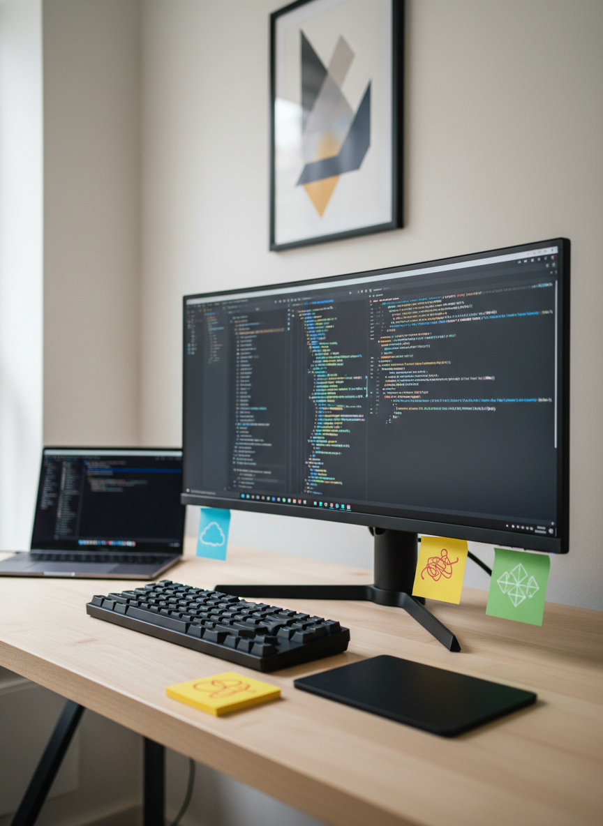 A sleek, modern workstation dominated by a large ultra-wide monitor filled with a dark-themed code editor, lines of colorful syntax highlighting cascading down the screen. Around it sit a minimalist mechanical keyboard, a matte-black laptop slightly ajar, and scattered sticky notes with abstract shapes symbolizing bugs and ideas instead of text. The desk surface is clean, light wood, backed by a neutral wall with a single geometric poster. Soft, diffused daylight from an unseen side window gently illuminates the scene, creating subtle reflections on the monitor and keyboard. Photographic realism from a slightly elevated eye-level angle, with shallow depth of field that keeps the coding interface sharp while the background fades into a professional, calm blur, suggesting focused, disciplined web development work in progress.